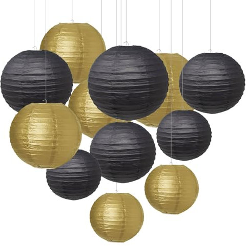Forbabe 12 Stück Papierlaterne, Schwarz Gold Papierlampion Classic Gerippter Papier Laterne Hängende Papierlaternen Wiederverwendbar Runde Lampenschirm für Hochzeit Gartenparty (Ø 15cm/20cm/25cm/30cm)