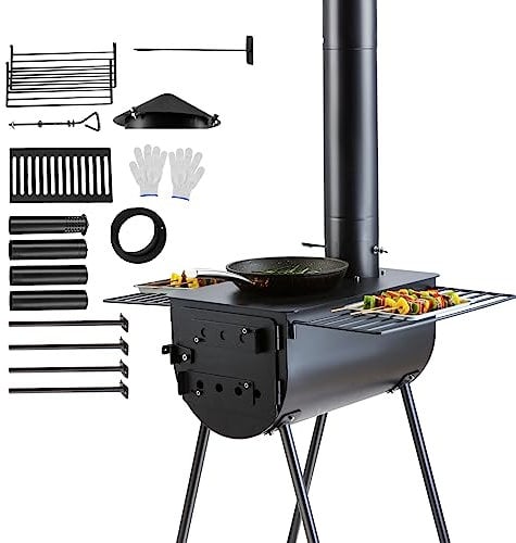 VEVOR 118 Camping Wood Stove, Portable Alloy Steel Tent Stove with 3000in³ Firebox, Outdoor Heating & Cooking Stove with Chimney Pipes & Gloves, Includes 8 Pipes for Efficient Heating