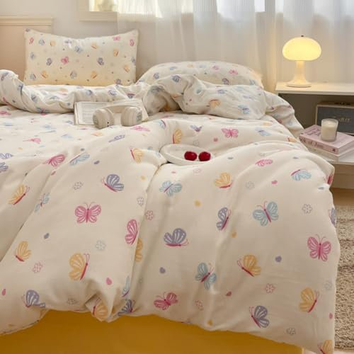Freyamy Kinder Bettwäsche 135x200cm 2teilig Beige Bunt Schmetterling Mädchen Bettwaren-Sets Schmetterlingsmotiv Microfaser Deckenbezug Teens Bettbezug mit Reißverschluss und 1 Kissenbezug 80x80cm