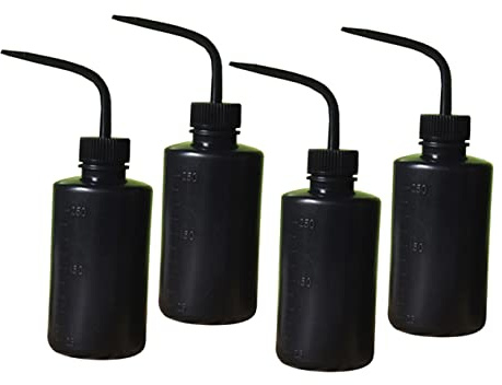 VICASKY 4pcs 250ml Black Plastic Squeeze Bottles for Wash Use | 85 Degree Bent Nozzle, Concave Interior Design, Slow Spray Bottle, Easy to Clean