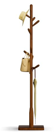 Awatiwa Garderobenleiste aus Massivholz, freistehende Baumgarderobe mit 8 Haken(+ 2 Ersatzteil),3 verstellbare Größen, Hutständer für Schlafzimmer/Büro/Eingangsbereich(quadratischer Boden, braun)