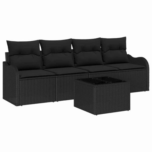 vidaXL 5-teiliges Gartensofa-Set mit Kissen und verstellbaren Füßen, schwarzes Poly-Rattan. Coole Outdoormöbel für Terrasse und Balkon. Modular und modern - perfekt für den Sommer.