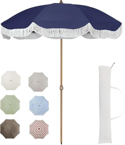 Sombrilla Con Flecos, Sombrilla Terraza Exterior Sombrilla de patio exterior de 2,13 m con bolsa de transporte, sombrilla de playa con flecos | Sombrilla vintage con borlas, mástil de acero de primera