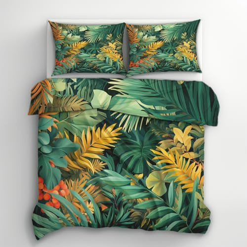 Generisch Bettwäsche 135x200 Palmenblätter Design, 2teilig - Tropical Dschungel Bettbezug und 1 Kissenbezug 80x80, Wendebettwäsche, Schlafzimmer Deko, Mikrofaser, mit Reißverschluss FD&01