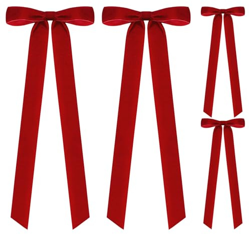 Zourglow 4 Fiocco Velluto Natale 60cm, Grandi Fiocchi di Nastro Albero | Fiocco Decorativo Natalizio per Porta D'ingresso, Scala, Camino, Albero di Natale e Ghirlanda (Rosso)