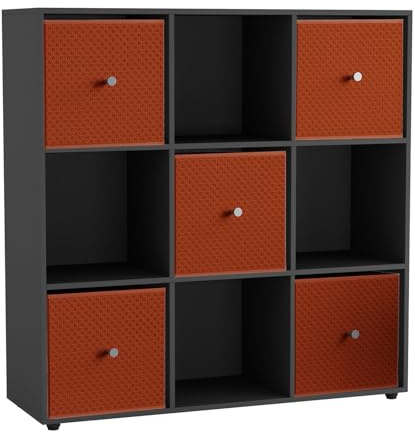 URBNLIVING 9 Cube Storage Unit with 5 Foldable Fabric Drawers, Wooden Freestanding Bookcase Shelf Organiser, Modern Cube Shelving for Bedroom, Office, Living Room, Toys, Clothes & Books