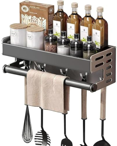 RETSAMV Gewürzregal Wand Aluminium 13.5cm Breite Spice Rack 30/40/50cm Küchen Wandregal ohne Bohren mit 5 Haken und Handtuchstange zur Aufbewahrung (30cm)
