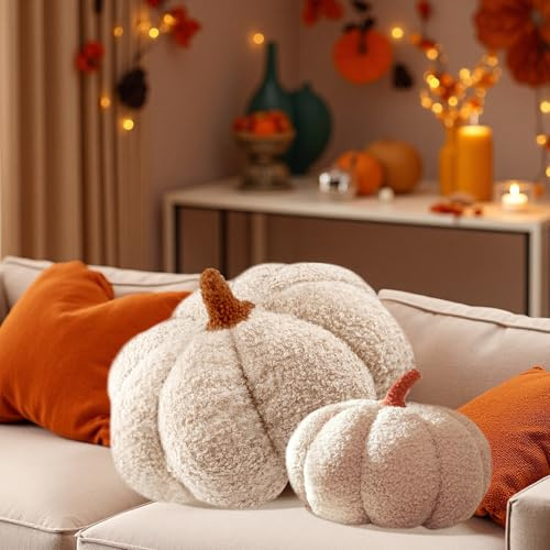 DGMI Kürbis Kissen 2 Stück, Kürbis Deko, Halloween Kürbis Dekokissen, Weiche Plüschkissen Herbst Pumpkin Pillow Kürbis Deko für Home, Halloween Decoration, Schlafzimmer, Sofa Couch (Beige, 20cm&30cm)