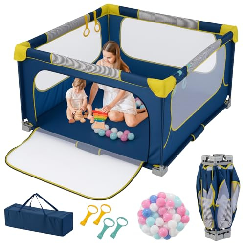 COSTWAY 127 x 127 cm Laufstall Baby faltbar, Laufgitter mit 50 Bälle, 4 Griffe & Reißverschlusstor, Krabbelgitter mit atmungsaktivem Netz & Tragetasche, Kinderzaun für indoor und outdoor (Blau)