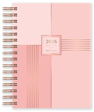 Matilda Myres Terminplaner 2026, A5, ein Tag pro Seite, Tagesplaner, Januar bis Dezember, fester Einband mit rotgoldener Spiralbindung, liegt beim Schreiben flach auf, Rosa
