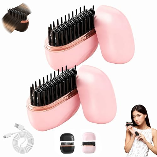 Mini-Glätteisen Kabellos,Mini Hair Straightener Brush,Wiederaufladbare Tragbare Glättbürste,3-stufige Temperaturregelung,10-Sekunden-Schnellaufheizung,für Haare und Bart (Rosa-2Stück)