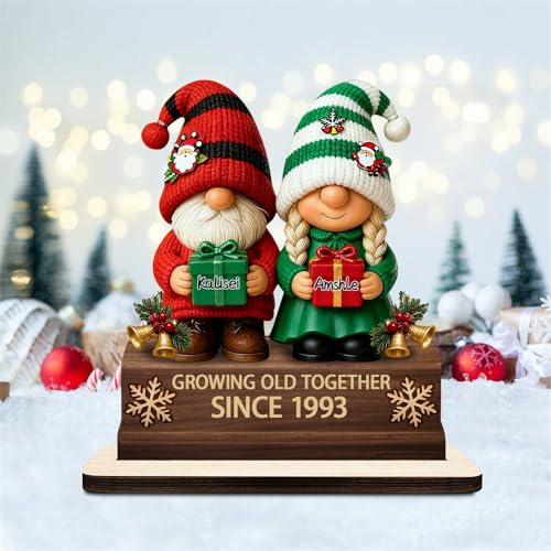 Personalized Mr & Mrs Growing Old Together Since Gnome Old Couple Figurines Plaque Sign Gift For Couples and Grandparents, Custom Gnome Couple Anniversary Wood Standing Plaque for Husband Wife (S-04)