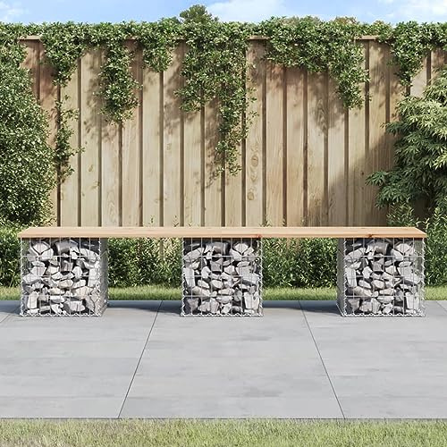 QZZCED Gartenbank mit Gabionen-Design, aus massivem Kiefernholz, 203 x 44 x 42 cm, stabiler verzinkter Stahlsockel, kompakter Außensitz für Patio, Terrasse, Garten, Möbel
