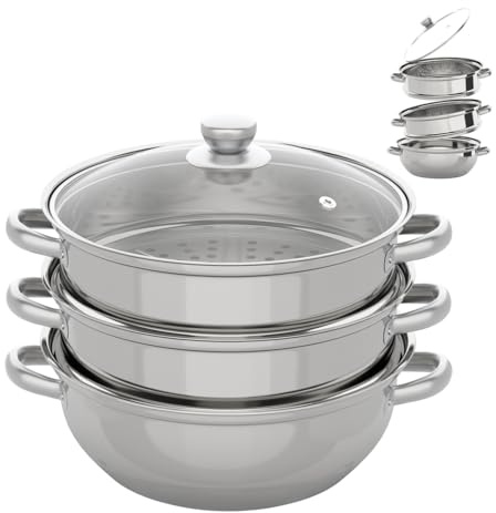 3 Etagen Dampfkocher, 28cm Edelstahl Dampfgarer Topf mit Glasdecke und Griffe, Stapelbar Dampftopf, Dampfkocher Kochtopf für Küche Alle Herdarten Geeignet