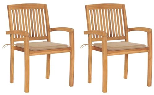 IBUQDDV Gartenstühle 2 STK. mit Beige Kissen aus Massivholz Teak für Terrasse und Außenbereich, Stapelbare Vintage Holzstühle mit Lattenlehne und Witterungsbeständig