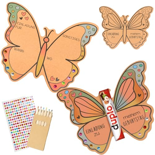 Einladungskarten Kindergeburtstag Mädchen,15 Pcs Schmetterlingen Einladung | mit Buntstifte Strass Aufkleber,Geburtstagseinladungen Kinder Bastelset,Partyeinladungen für Jungen Mädchen