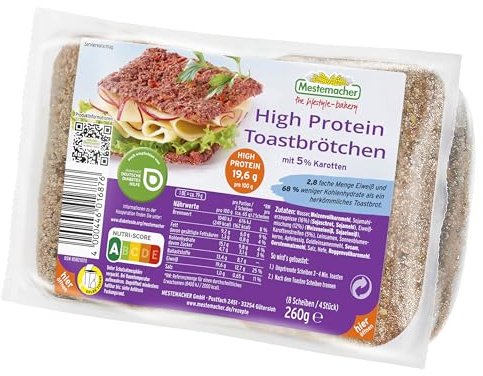 Mestemacher High Protein Toastbrötchen mit Karotten, 2,8-fache Menge Eiweiß & 68% weniger Kohlenhydrate, vegan, Nurti Score A, vorgeschnitten, 8 Scheiben/4 Stück, Diabetiker geeignet, 260g