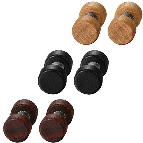 Aroncent Holz Ohrstecker Ohrringe Set: 3 Paare 8mm Unisex Ohrstecker Edelstahl Tunnel Holz Piercing Ohr Vintage Hanteln für Damen Herren
