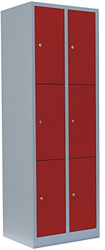 Lüllmann 6 Fächer Schließfachschrank komplett montiert grau/rot 180x60x50cm (HxBxT) Wertfachschrank Fächerschrank Spind Umkleideschrank 520324