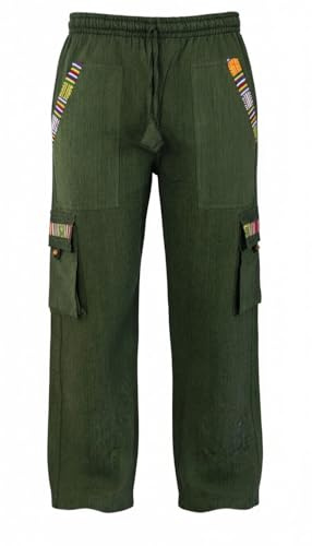 Yogahose, Goa Hose im Ethnostyle, 100% Baumwolle, Herren, schokobraun | elastischer Bund, traditionelle nepalesische Webbordüren, normaler Schnitt, leichte Qualität