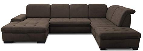 CAVADORE U-Form Lexi mit XXL-Longchair / Inkl. Bett, Bettkasten, Stauraum und Kopfteilfunktion / Leichte Fleckenentfernung dank Soft Clean / 329 x 82-99 x 224 / Flachgewebe: Braun