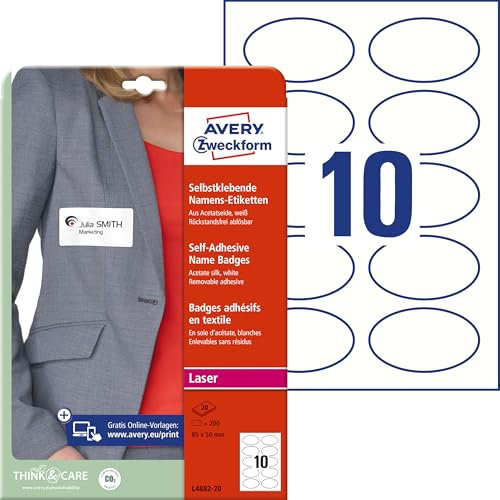 Avery Zweckform L4882-20 Namensetiketten (200 Namensaufkleber, 85x50mm auf A4, selbstklebend, bedruckbare Textiletiketten aus Acetatseide für Laserdrucker, rückstandsfrei ablösbar) 20 Blatt, weiß