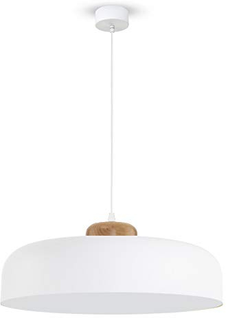 L+ Moderne Pendelleuchte aus Metall mit Details aus Holz, handgefertigt, Küche, Wohnzimmer, Schlafzimmer, Ø40 cm E27 (weiß)