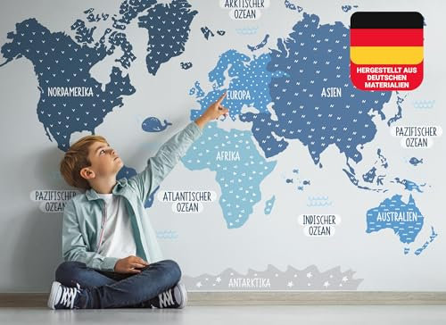 Osomhome - Wandtattoo Weltkarte Kinder - *Deutsch* [150x100cm] Pastellfarben Blau | Wandtattoo Kinderzimmer Junge & Mädchen, Wandsticker Kinderzimmer Jungen | World Map Wall Decoration | os5015