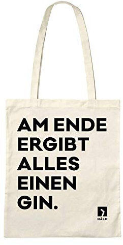 HALM Der Jute Beutel - Am Ende ergibt alles einen Gin - Jutebeutel Bedruckt Weiß - Einkaufstasche Einkaufsbeutel Tote Bag aus 100% Bio-Baumwolle - GOTS zertifiziert
