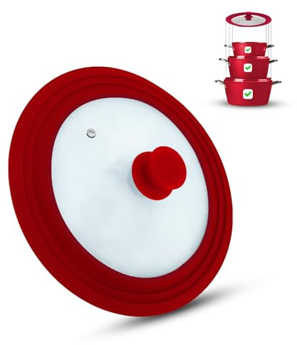 M.S.N Universal Glasdeckel, Töpfe und Pfannen 24/26/28 cm, mit Auslassventil und Silikonrand. (Rot, 24/26/28)