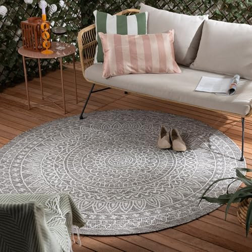 FRAAI | Home & Living In- & Outdoor Teppich Rund - Summer Azteca Hellgrau - Wetterfest - Polypropylen - Flachgewebe - Balkon, Garten/Terrasse - Terrasse - Rug