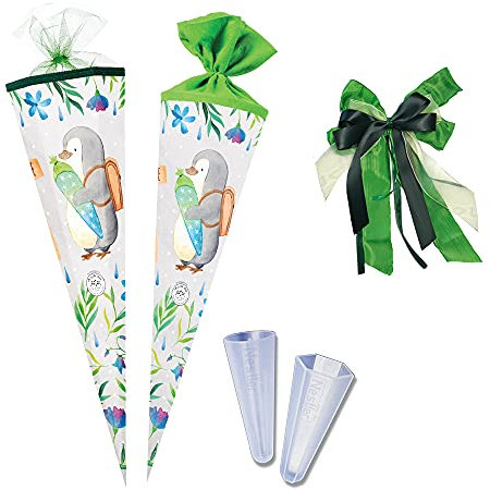 Nestler Schultüten-Set zum Befüllen, Handgemachte Zuckertüte aus Karton - Motiv Pandaliebe - Pinguin, inkl. Spitzenschutz, Schleife (70 cm rund)