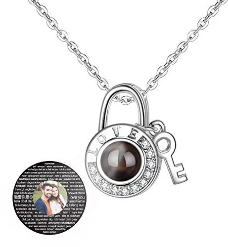 I Love You Necklace 100 Languages Customized Photo Key Lock Pendant Necklace for Women 925 Sterling Silver Birthstone Jewelry, Birthday Valentine's Day Jewelry Gift for Wife Mom
