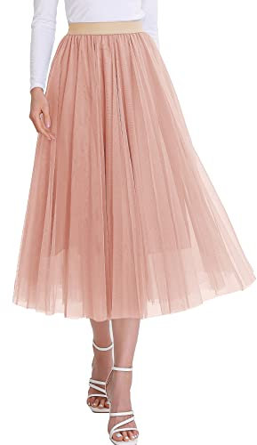 Gonne in tulle da donna Midi Elastico a vita alta plissettato Mesh Flowy A-Line Party Long Tutu Gonne, Rosa 1., S