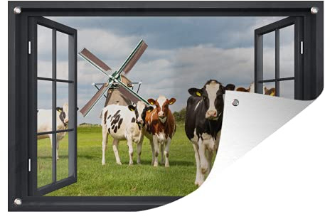 MuchoWow Poster Exterieur Vue - Vache - Moulin - Vaches - Prairie - Herbe - Vert Decoration Murale 120x80 cm Résistant aux intempéries/Soleil