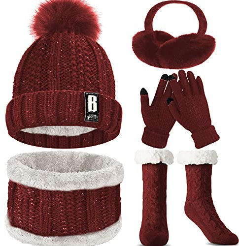 WEASIC Mütze, Schal & Handschuh-sets für Damen Weihnachtsgeschenke für Frauen Kuschelsocken Mütze Schal Set Damen Schal und Mütze Damen Set Stoppersocken Mütze Schal Handschuhe Set - Weinrot