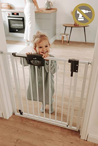 Geuther Türschutzgitter Easylock Plus | Treppenschutzgitter ohne Bohren Breite 88,5-96,5 cm | Türgitter Baby Holz-Metall | Kinderschutzgitter beidseitig öffnend | Kindersicherung Tür | Weiß