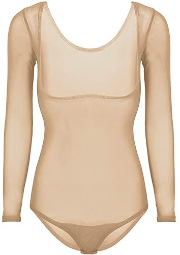 Nimiman Bauchtanz-Body für Damen, mit langen Ärmeln, Netzstoff, durchsichtig, Leotard, Hautfarben, Free size
