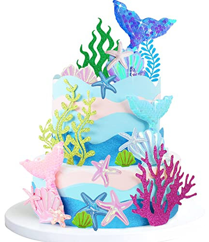 Tortendeko Unterwasserwelt,Glitzernde Meereselemente, Wasserpflanzen, Fischschwanzdekoration，kuchendeko Mermaid Geburtstag,Topper für Sea Party
