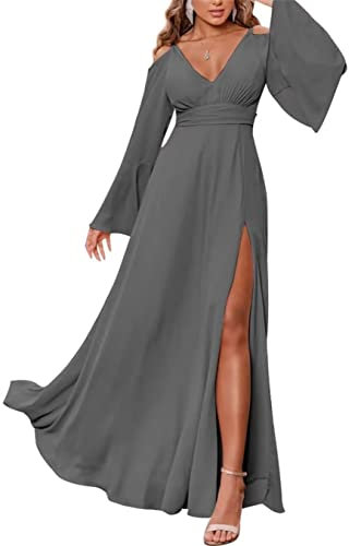 KURFACE Out Door Bridal Gowns Wedding Bridesmaid Dresses Long Sleeves Formal Party Gowns with Pockets Grey UK12