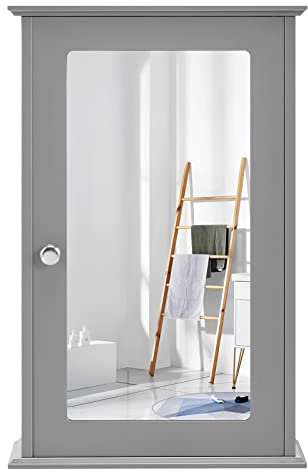 Multigot Bathroom Mirror Cabinet, Wall-Mounted Wooden Storage Cabinet with Adjustable Shelf and Handle, Singe Door Display Organiser Shelving Unit for Living Room Kitchen Hallway (Grey)
