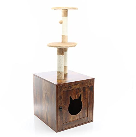 Fudajo Kratzbaum aus Holz 125 cm mit Katzenhaus, Design Katzenkratzbaum in Vintagebraun, 2in1 Katzenhaus mit Katzenklo, Kletterbaum für Katzen