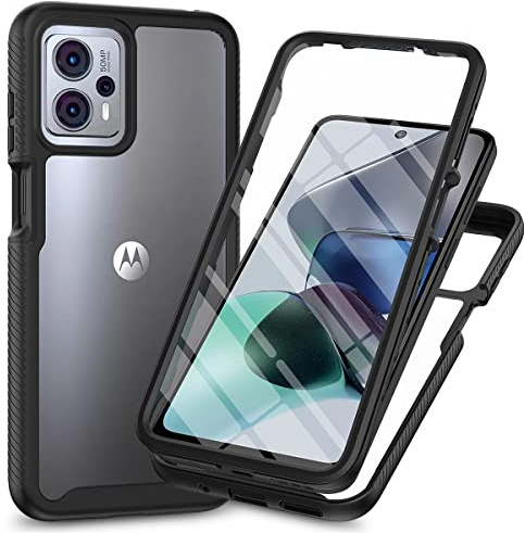 RonRun Kompatibel mit Motorola Moto G13 4G/G23 4G Hülle, 360° Grad vollschutz Stoßfest Handyhülle Transparent Hülle Silikon Bumper Cover mit eingebautem Displayschutz Schwarz