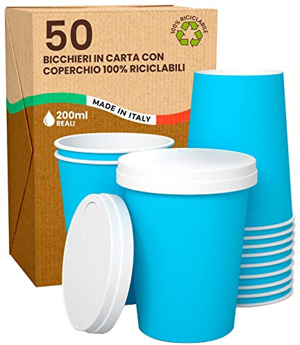 50 Gobelets Carton BLEU pour Café à Emporter - Tasse Jetables 200ml avec Couvercles pour Servir le Thé, Cappuccino, Chocolatdes Boissons Chaudes et Froides