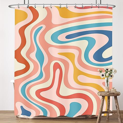 LIGHTINHOME Duschvorhang, Retro- 70er Jahre-, Boho-Design, 183 x 183 cm (B x H), abstrakte Regenbogen, Wellen, bunt, modern, Y2K, groovig, ästhetischer Stoff, wasserabweisend, Polyester, mit Haken