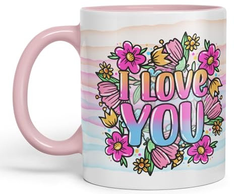 Vixar I Love You Flowers Coloured Ceramic Mug Cup Gift 330ml 11oz Work Office Tea Coffee Valentines (Pink)