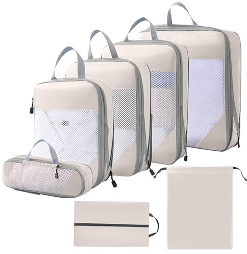RUIOMII Koffer Organizer PackwüRfel Rucksack,Backpack Organizer Koffer Organizer Set PackwüRfel Packing Cubes Compression,Travel Organizer Kofferorganizer Packtaschen für Koffer(Beige, 7-Teiliges Set)