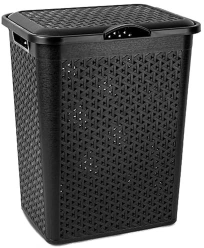 AC - Cesto para Ropa Sucia con Tapa y Asas - Plástico - Fabricado en España - Cubo pongotodo para Colada - Diseño imitación Mimbre - 38 litros - 49 x 38,5 x 29,5 cm – Negro