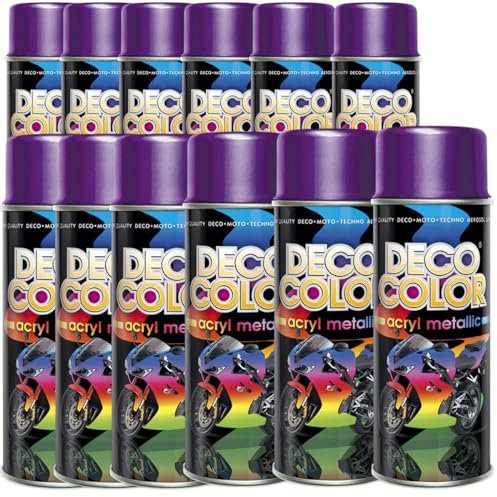 Deco Color 12er Sparpack Lackspray Metallic VIOLETT 400ml - Sprühlack mit Metallic Effekt für z.B. KFZ, Fahrrad uvm. (12 Dosen Lackspray Violett mit Metallic-Effekt)