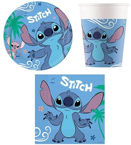 Kit de fiesta para 8 personas, juego de mesa adornos para fiestas de cumpleaños con 8 platos, 8 vasos y 20 servilletas Stitch